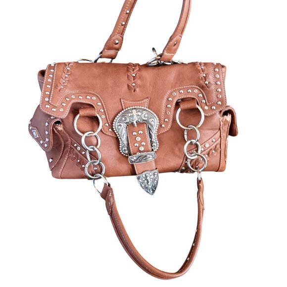 Montana West Western Style Brown Faux Leather Handbag Studded Cross Buckle - Picture 2 of 10